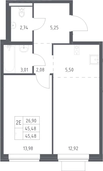 Планировка: Евродвушка 45,5 м² в ЖК «Новое Видное»