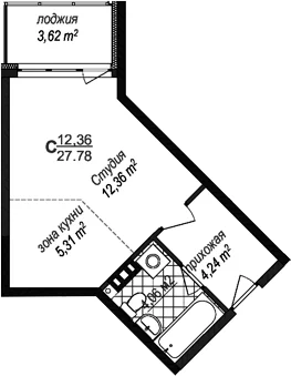 Планировка: Студия 26 м² в ЖК «Avenue-Apart Прибрежный»