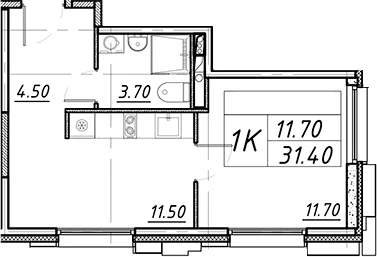 Планировка: 1-комнатная квартира 31,4 м² в ЖК «АВЕНЮ-АПАРТ ПУЛКОВО»