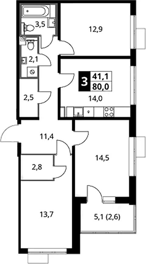 Планировка: 3-комнатная квартира 77,4 м² в ЖК «1-й Южный»