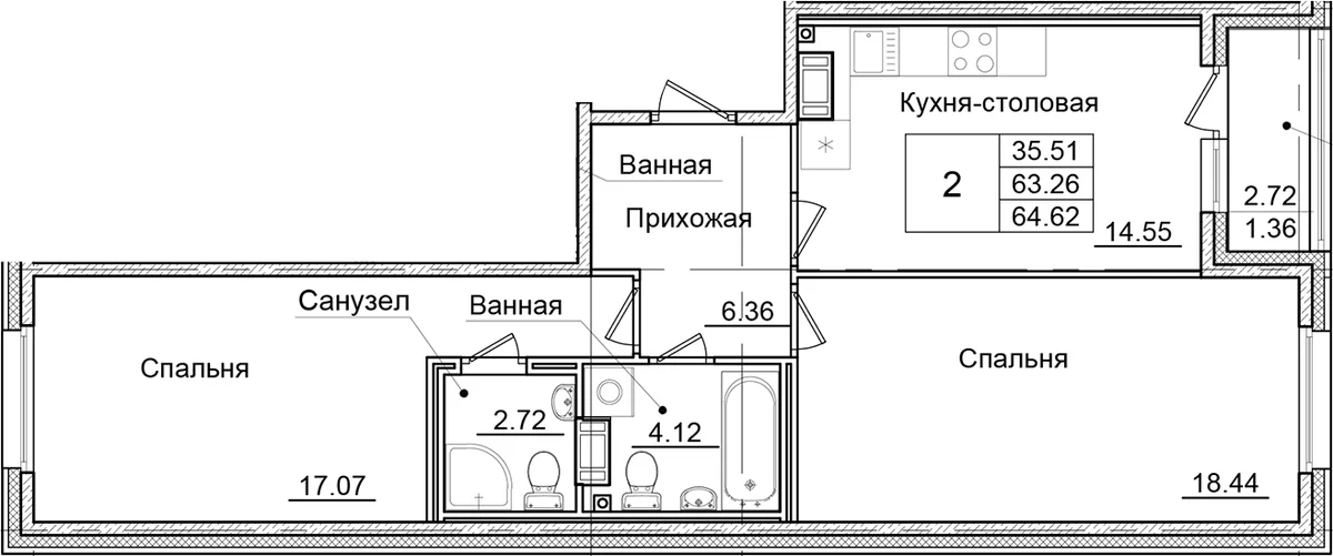 Планировка: 2-комнатная квартира 63,3 м² в ЖК «Квартал Заречье»