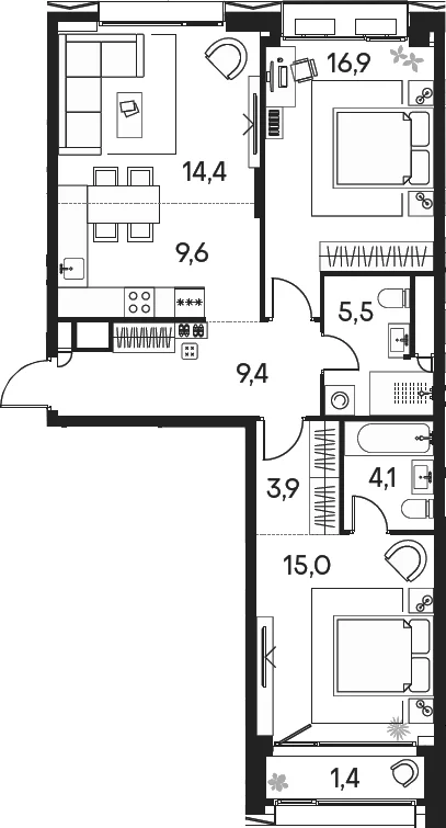 Планировка: Евротрёшка 78,8 м² в ЖК «Клубный город на реке Примавера»
