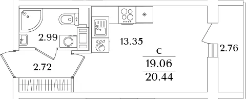 Планировка: Студия 19,1 м² в ЖК «Кинопарк»