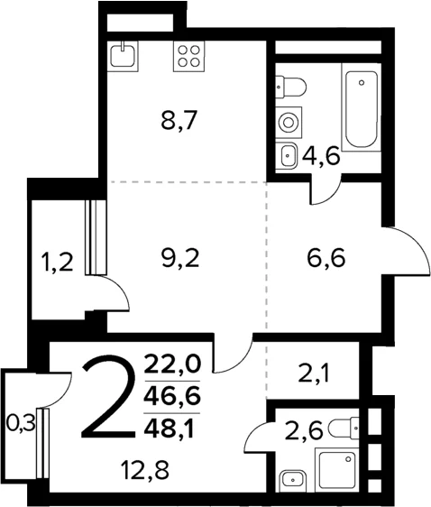 Планировка: Евродвушка 46,6 м² в ЖК «Новые Ватутинки Квартал у реки»