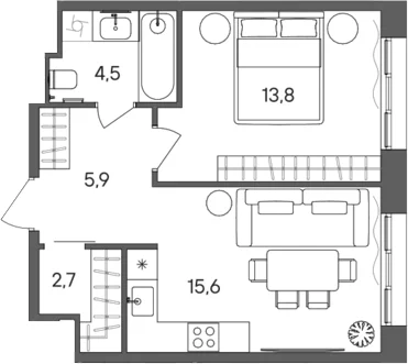 Планировка: 1-комнатная квартира 42,5 м² в ЖК «СТОУН Сокольники»