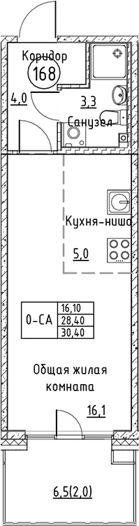 Планировка: Студия 28,4 м² в ЖК «Кронунг Юг»