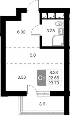 Планировка: Студия 22,7 м² в ЖК «Химки Тайм»