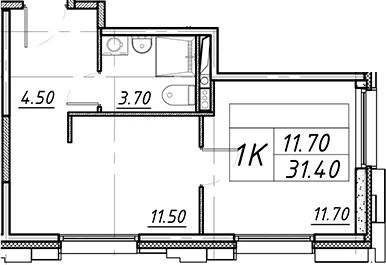 Планировка: 1-комнатная квартира 31,4 м² в ЖК «АВЕНЮ-АПАРТ ПУЛКОВО»