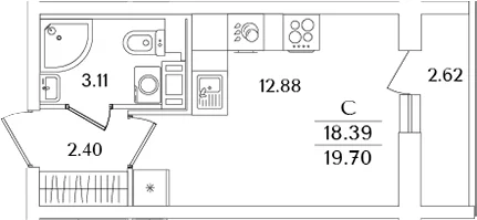 Планировка: Студия 18,4 м² в ЖК «Кинопарк»