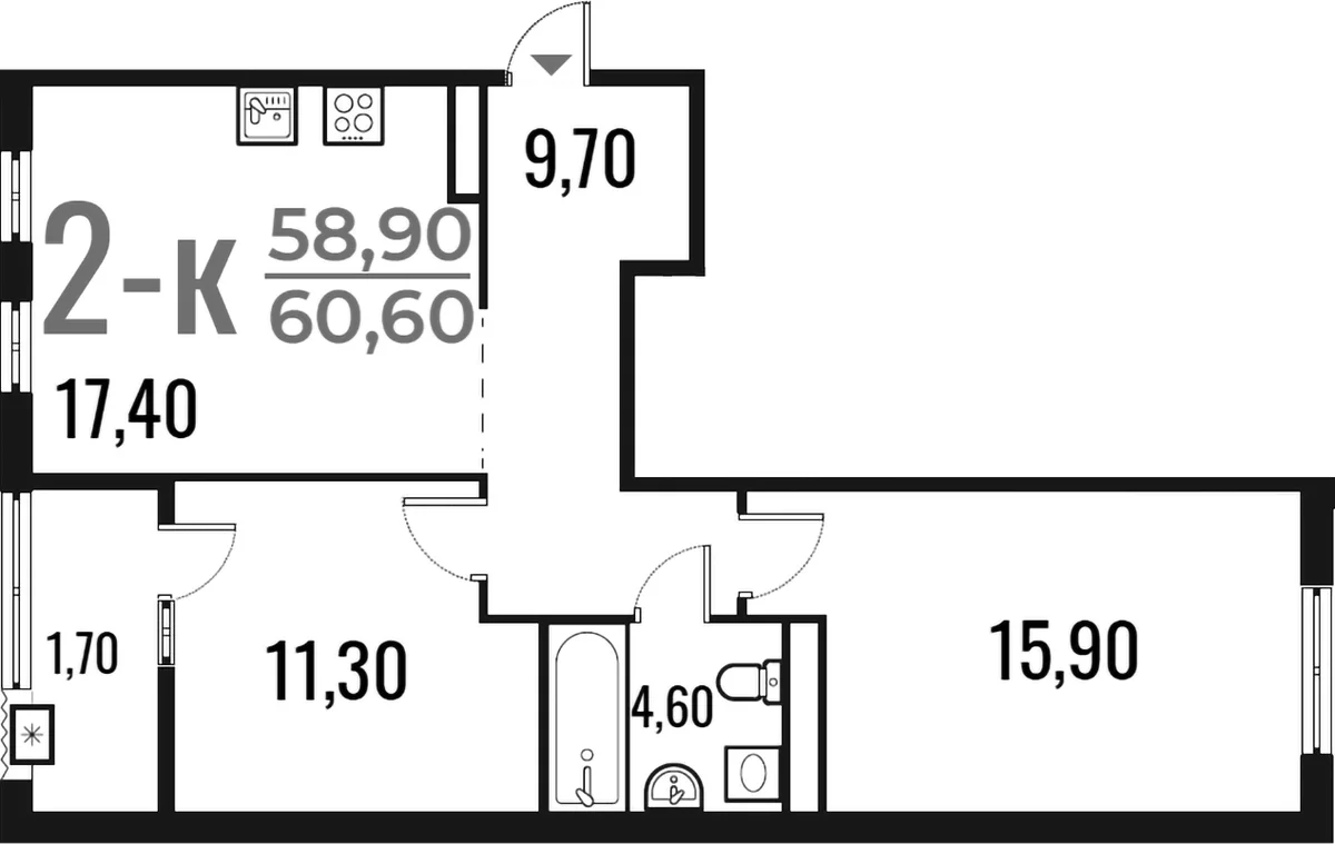 Планировка: 2-комнатная квартира 58,9 м² в ЖК «Новое Летово»