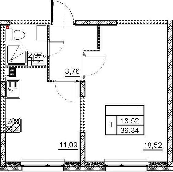 Планировка: 1-комнатная квартира 36,3 м² в ЖК «ВЕРЕВО-СИТИ»