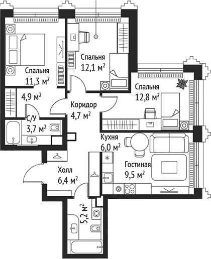 Планировка: Квартира евро-4 76,6 м² в ЖК «СЕТ»