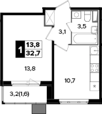 Планировка: 1-комнатная квартира 31,1 м² в ЖК «Южная Битца»