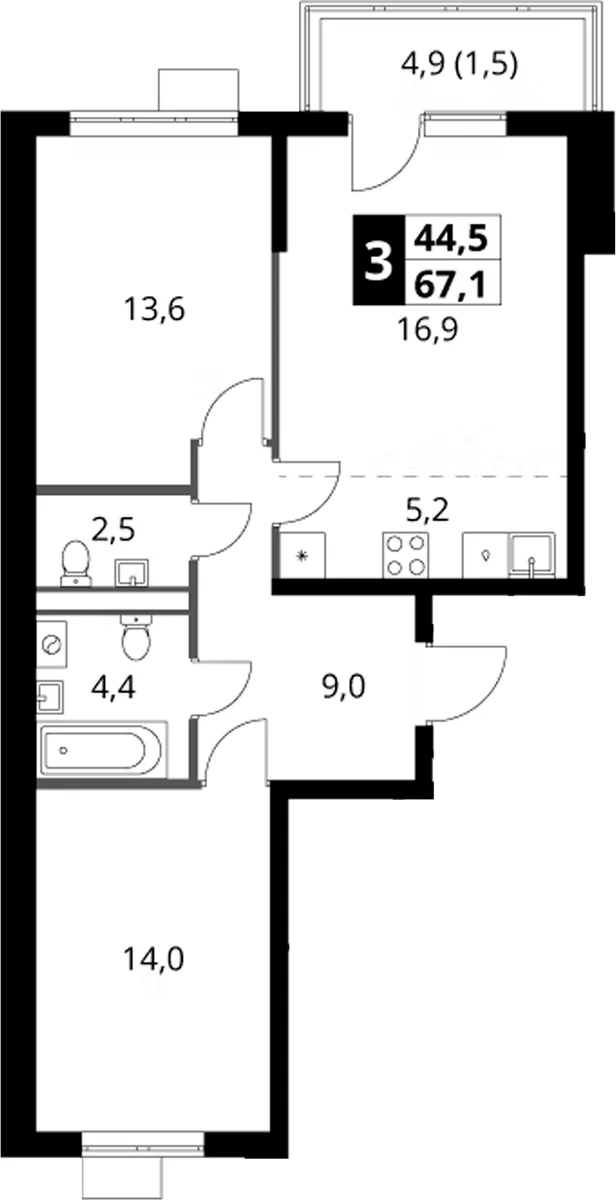 Планировка: Евротрёшка 65,6 м² в ЖК «1-й Ясеневский»