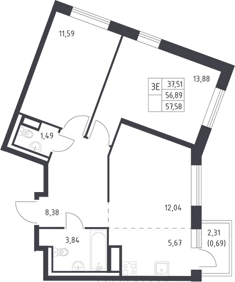 Планировка: Евротрёшка 56,9 м² в ЖК «Квартал Лаголово»