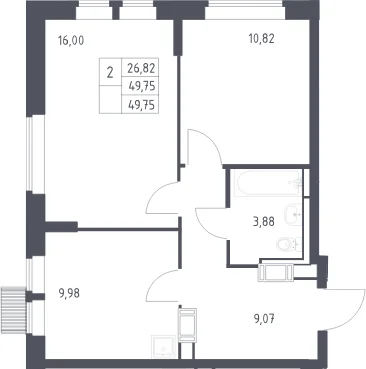 Планировка: 2-комнатная квартира 49,8 м² в ЖК «Большое Путилково»