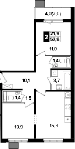 Планировка: 2-комнатная квартира 55,8 м² в ЖК «Южная Битца»