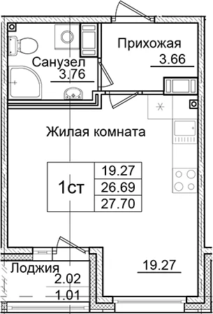 Планировка: Студия 26,7 м² в ЖК «Квартал Заречье»