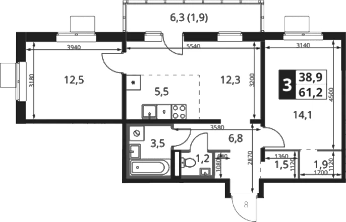 Планировка: Евротрёшка 60,3 м² в ЖК «1-й Ясеневский»