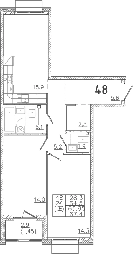 Планировка: Евротрёшка 64,5 м² в ЖК «Лисино»