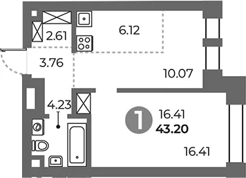 Планировка: 1-комнатная квартира 43,2 м² в ЖК «Павелецкая от Гранель»