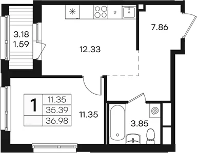 Планировка: 1-комнатная квартира 35,4 м² в ЖК «Парголово»