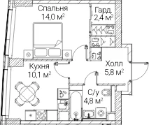 Планировка: 1-комнатная квартира 37,1 м² в ЖК «СЕЗАР БУДУЩЕЕ»