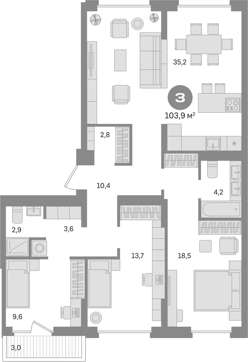 Планировка: 3-комнатная квартира 100,9 м² в ЖК «Первый квартал. Вторая очередь»