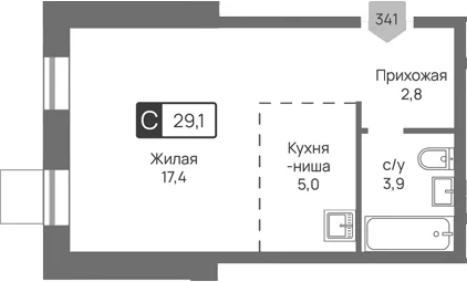 Планировка: Студия 29,1 м² в ЖК «Отрада 3»