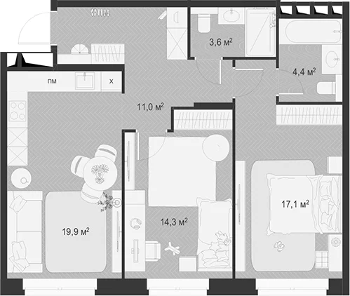 Планировка: Евротрёшка 70,3 м² в ЖК «Гранд Комфорт 3»