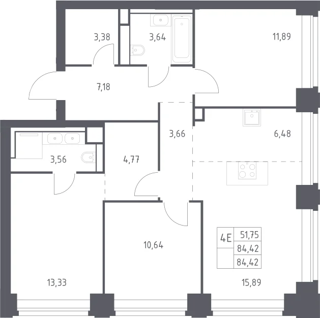 Планировка: Квартира евро-4 84,4 м² в ЖК «НОВА»