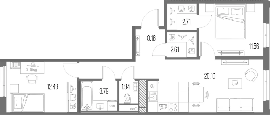 Планировка: Евротрёшка 63,4 м² в ЖК «Легенда Васильевского»