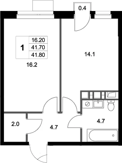 Планировка: 1-комнатная квартира 41,7 м² в ЖК «Легенда Марусино»