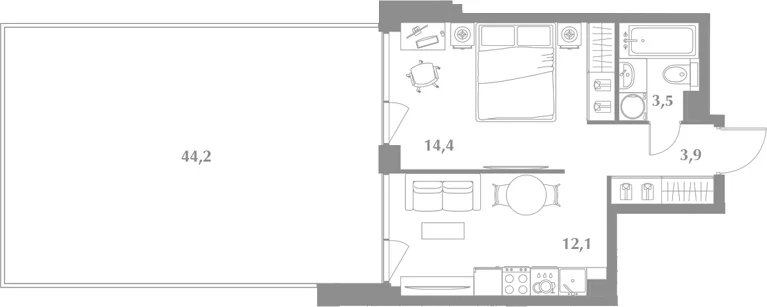 Планировка: 1-комнатная квартира 33,9 м² в ЖК «Зиккурат Преображенский»
