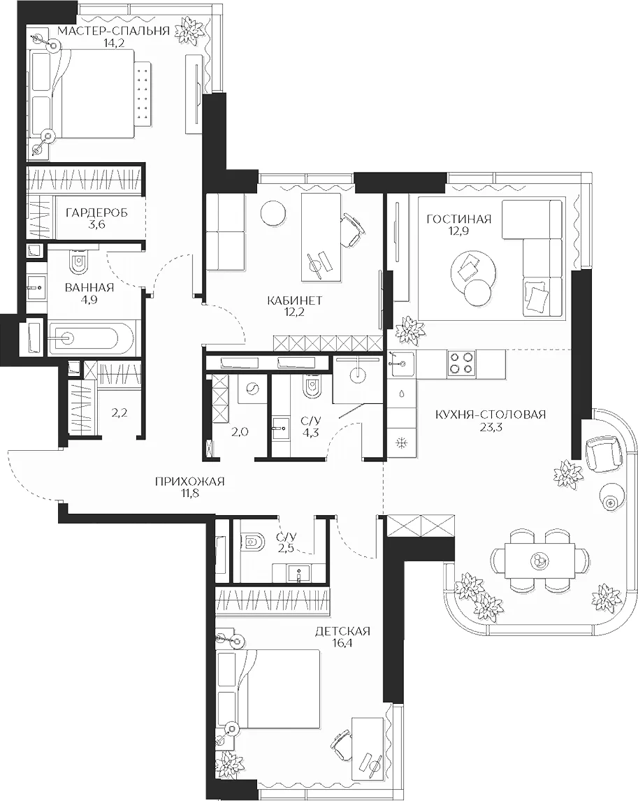 Планировка: 4-комнатная квартира 110,3 м² в ЖК «Кутузов Сити»