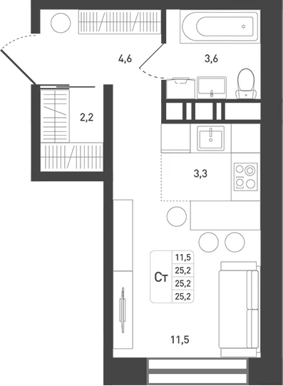 Планировка: Студия 26,5 м² в ЖК «Новая Щербинка»