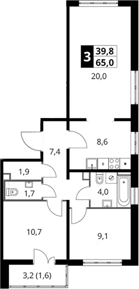 Планировка: Евротрёшка 63,4 м² в ЖК «Южная Битца»