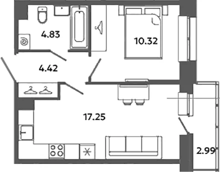 Планировка: Евродвушка 36,8 м² в ЖК «Загляденье»