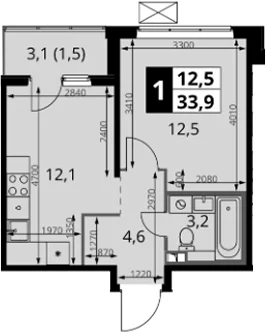 Планировка: 1-комнатная квартира 32,4 м² в ЖК «1-й Южный»