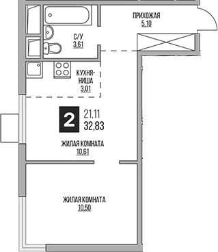 Планировка: Евродвушка 32,8 м² в ЖК «Гранель Аникеевский»
