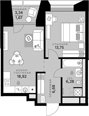 Планировка: Евродвушка 45,6 м² в ЖК «СберСити»