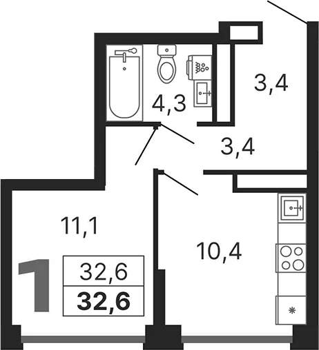 Планировка: 1-комнатная квартира 32,6 м² в ЖК «Бестселлер»