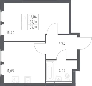 Планировка: 1-комнатная квартира 37,1 м² в ЖК «Космический Квартал»