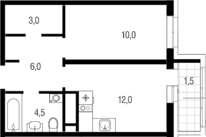 Планировка: 1-комнатная квартира 35,5 м² в ЖК «Котельники парк»