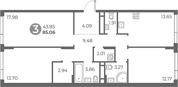 Планировка: 3-комнатная квартира 85,1 м² в ЖК «Нижегородская от Гранель»