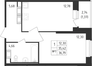 Планировка: 1-комнатная квартира 35,4 м² в ЖК «Живи! В Рыбацком»
