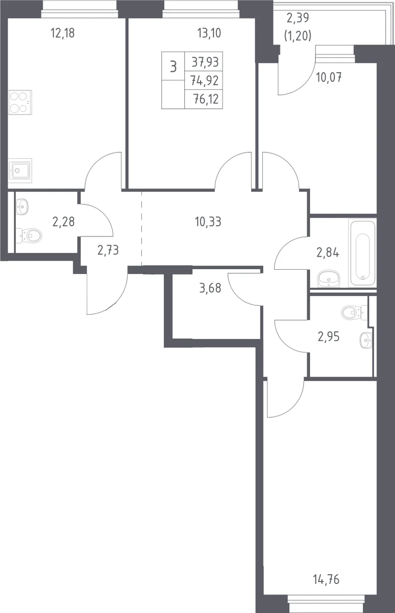 Планировка: 3-комнатная квартира 74,9 м² в ЖК «Прибрежный Парк»