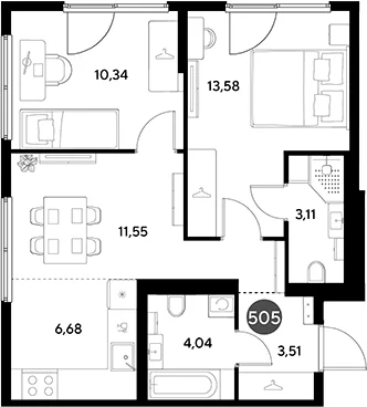Планировка: Евротрёшка 52,8 м² в ЖК «ЭВО»