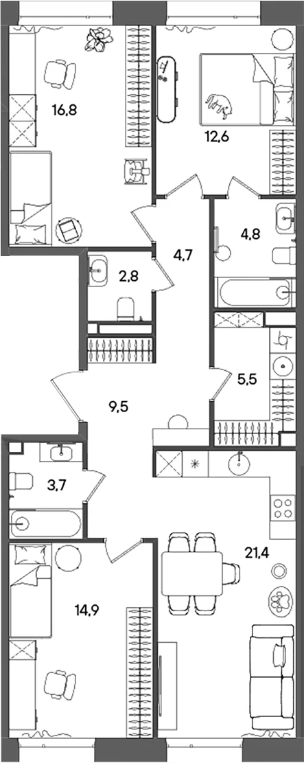 Планировка: 3-комнатная квартира 96,7 м² в ЖК «СТОУН Райз»