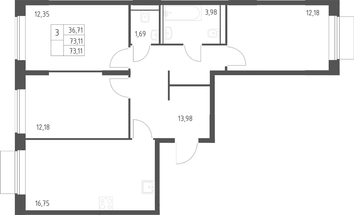 Планировка: 3-комнатная квартира 73,1 м² в ЖК «Квартал Домашний»